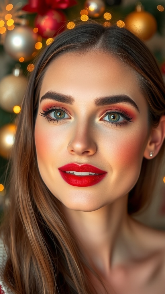 Festive Christmas makeup look with radiant skin, soft eyeshadow, and bold red lips.